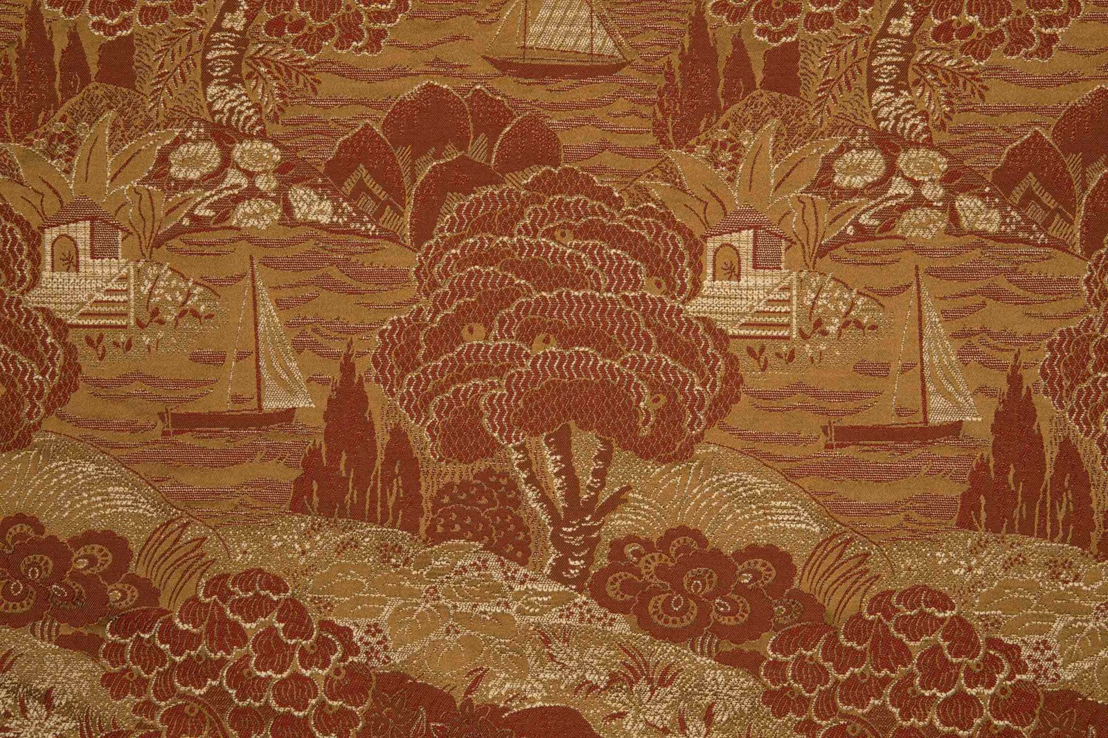 Copper-russet scenic weave showing boats, layered hills, trees and dense floral motifs