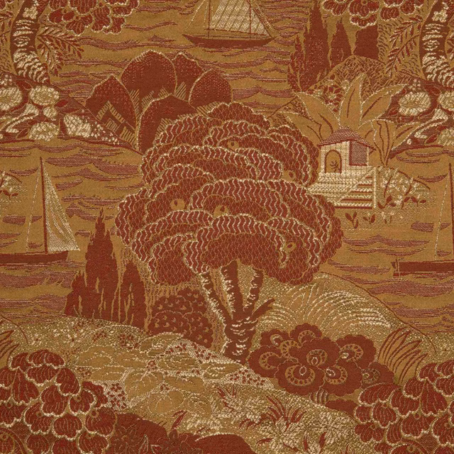 Copper-russet scenic weave showing boats, layered hills, trees and dense floral motifs