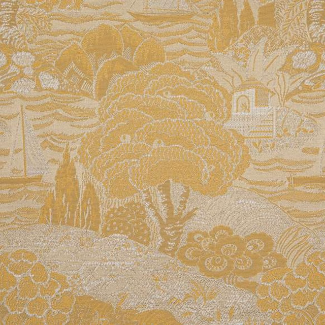 Warm antique-gold woven scenic fabric with ivory figures, foliage, flowers and architecture