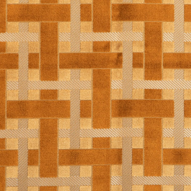 Amber-gold woven fabric with interlocking caramel blocks and pale beige textured bands