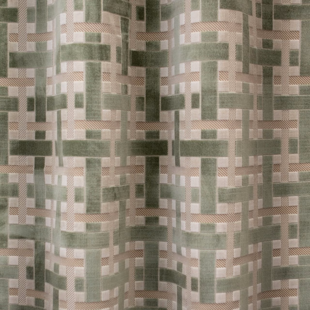 Muted celadon green geometric weave with cream and taupe stepped bands