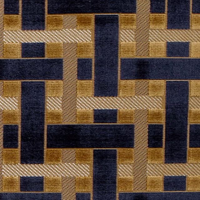 Deep indigo and ochre interlocking blocks in a textured woven fabric