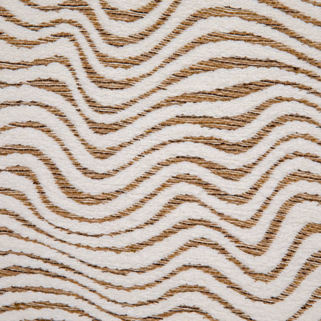 Warm cream textile with irregular brown undulating bands and a tactile woven surface