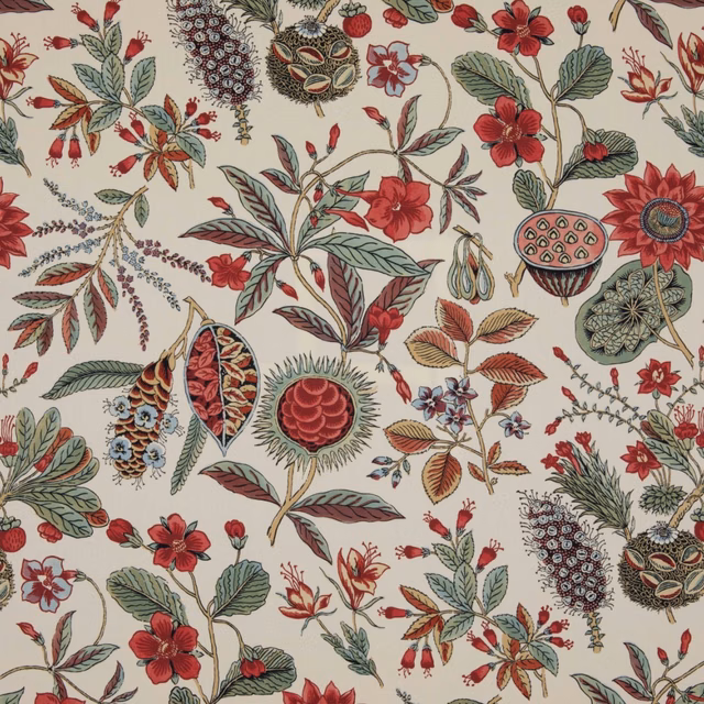 Cream botanical fabric with coral flowers, olive foliage and blue-brown ornamental motifs