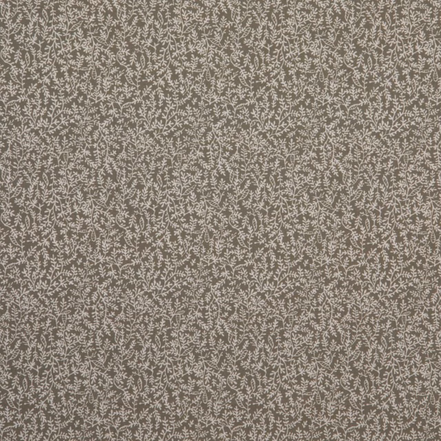 Kaki taupe textile with dense pale botanical sprigs and a softly mottled weave