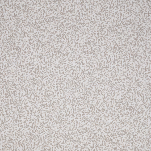 Pale taupe-grey fabric with dense tiny botanical sprigs on a natural ground
