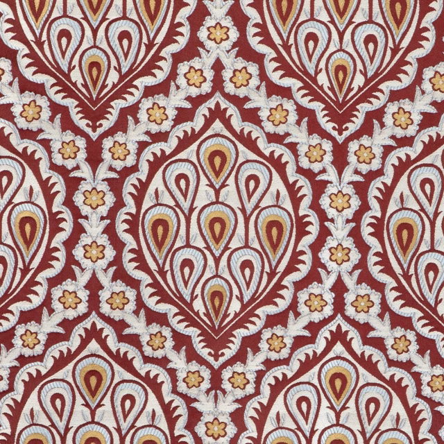 Crimson and blue-grey woven damask with ivory teardrop medallions and gold floral accents