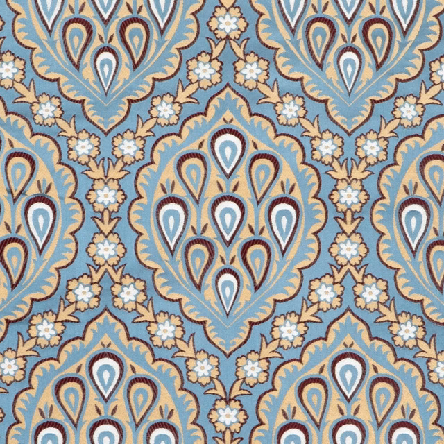 Saphir blue fabric with ivory floral trails and outlined paisley medallions