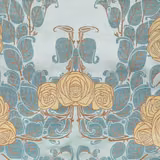 Celadon floral fabric with blue foliage and beige roses in a symmetrical repeat