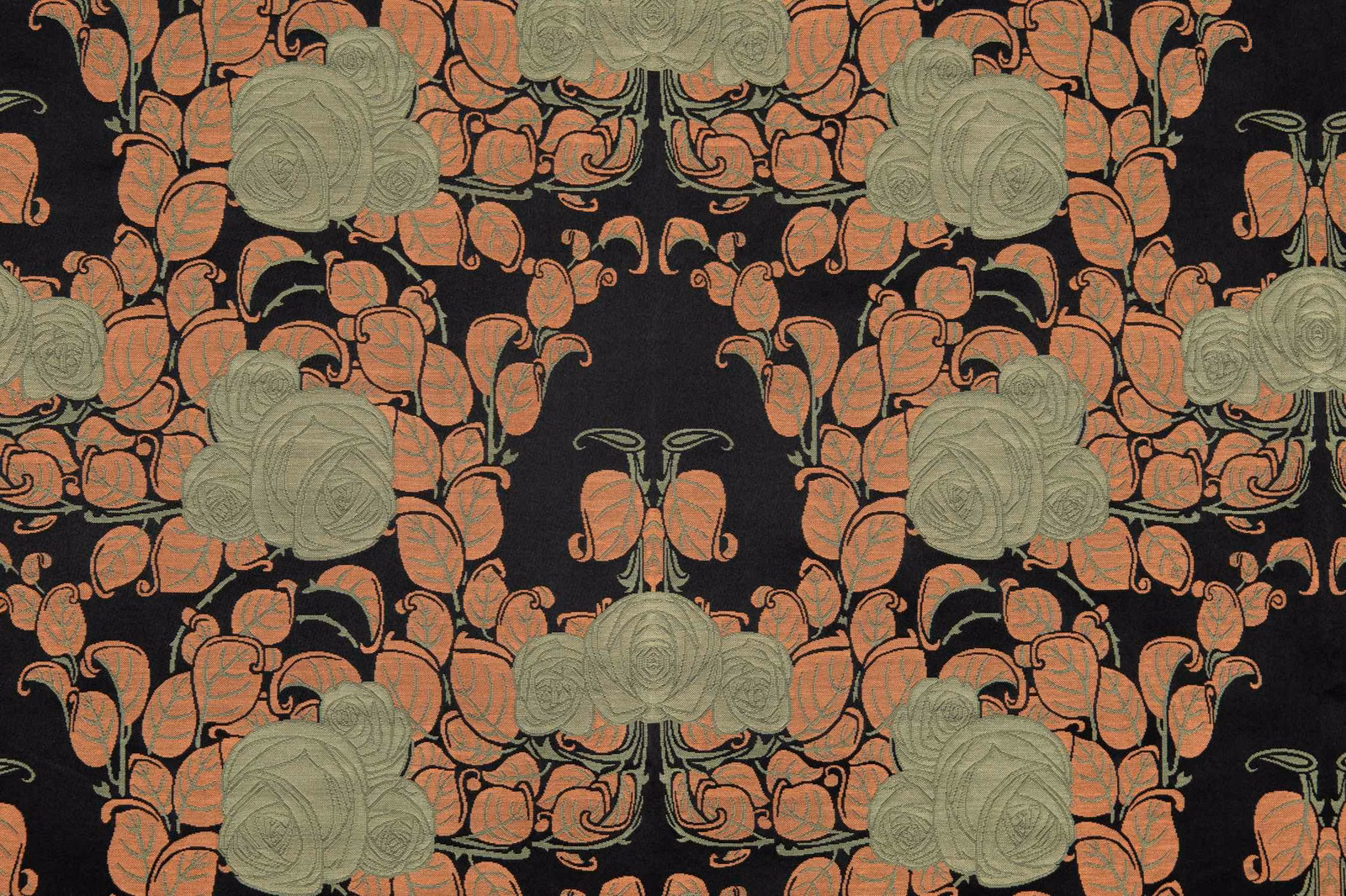Black floral fabric with coral roses and muted sage-green foliage