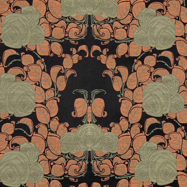 Black floral fabric with coral roses and muted sage-green foliage