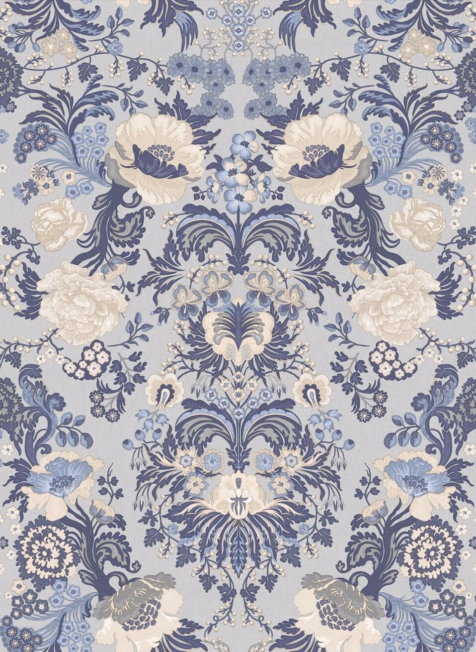 Pale blue floral design with cream blooms and slate scrolling foliage
