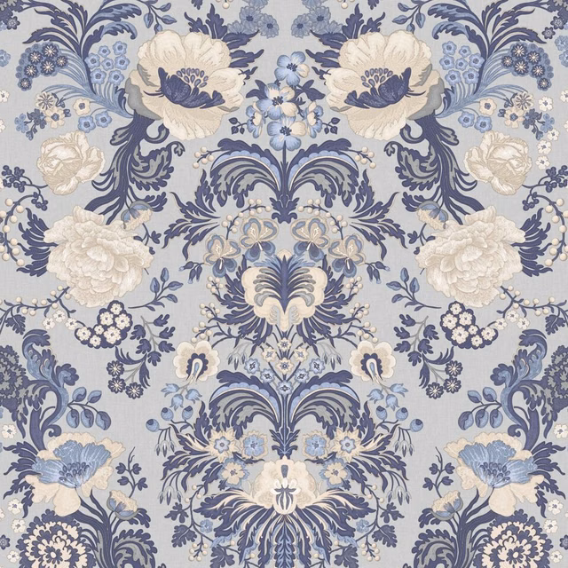 Pale blue floral design with cream blooms and slate scrolling foliage