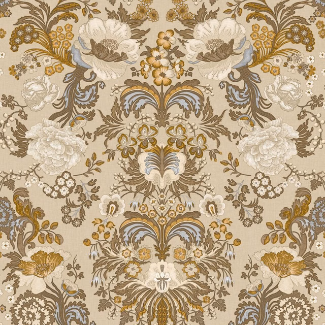Éloge Naturel fabric with mirrored cream botanical sprays, birds and grey-blue accents