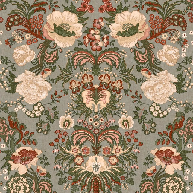 Sage-grey floral fabric with coral roses, cream blooms and scrolling green foliage