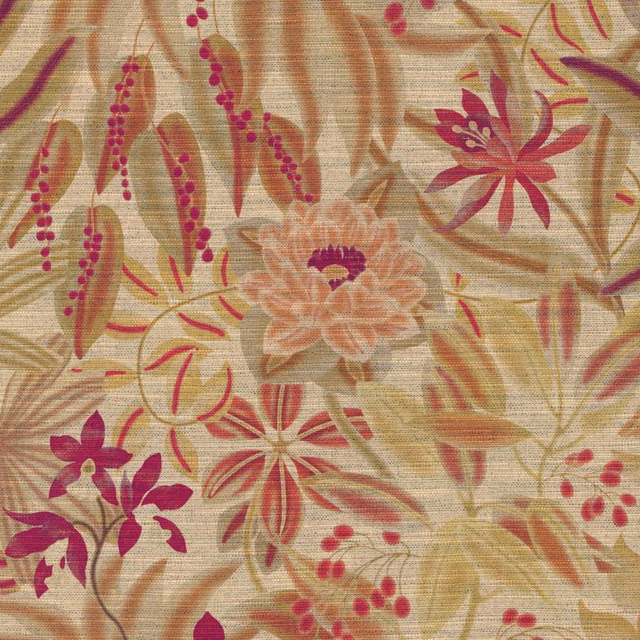Warm beige botanical fabric with magenta flowers, olive leaves and rust stems