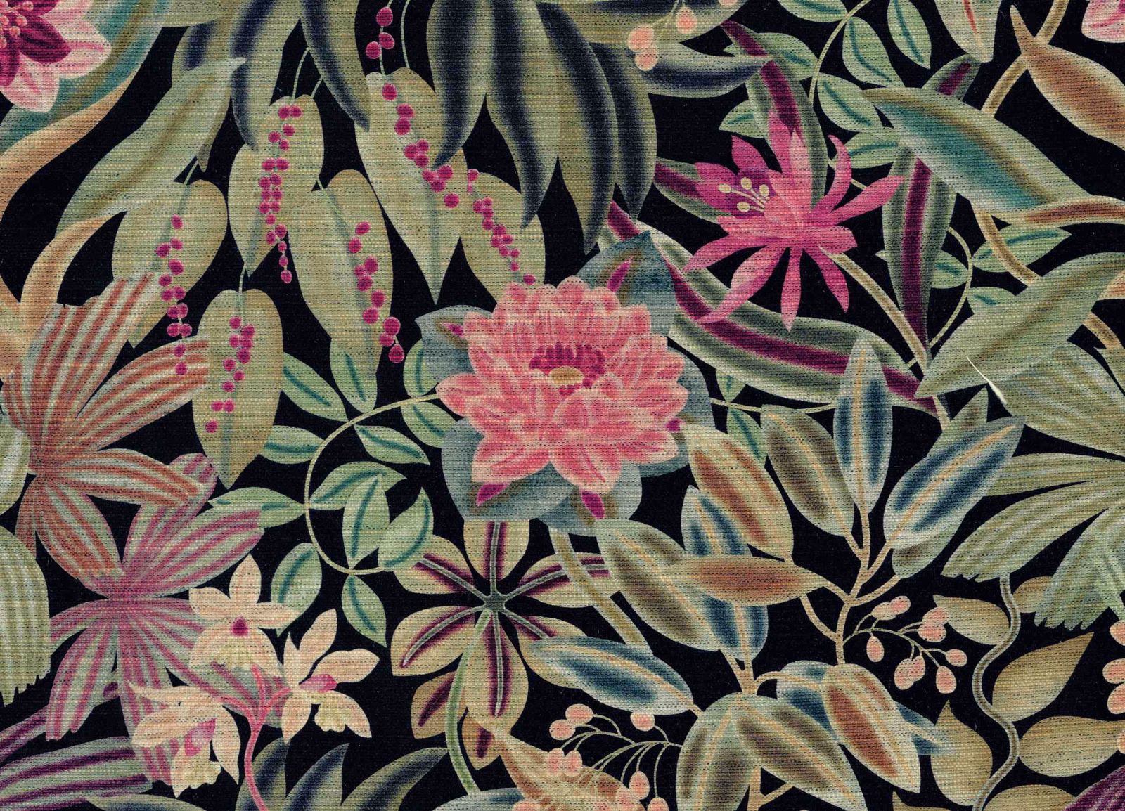 Large pink and teal botanical flowers on a black textured fabric ground