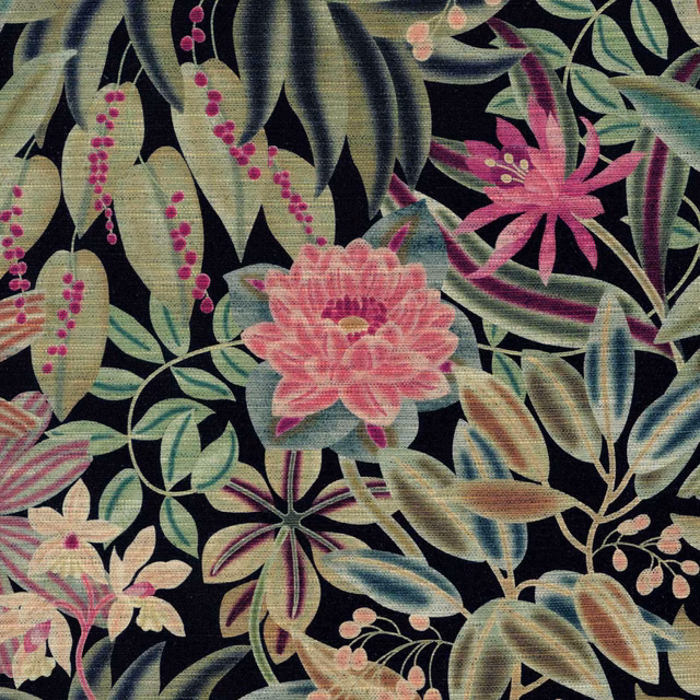 Large pink and teal botanical flowers on a black textured fabric ground