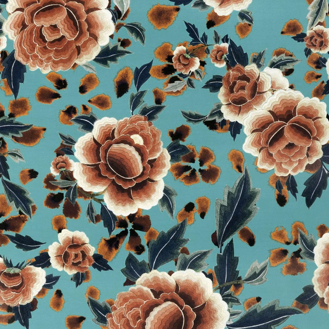 Aqua wallpaper with large cream and terracotta blooms, dark teal leaves and scattered petals
