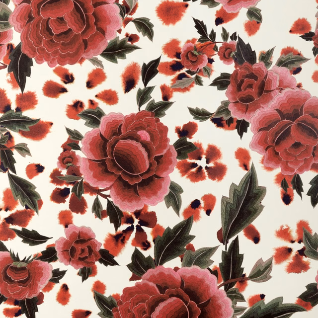 Ivory wallpaper with oversized burgundy peonies, rose petals, dark leaves and scattered red flowers