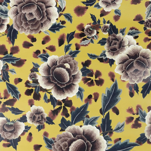 Mustard-yellow wallpaper with oversized taupe flowers, blue leaves and burgundy flecks