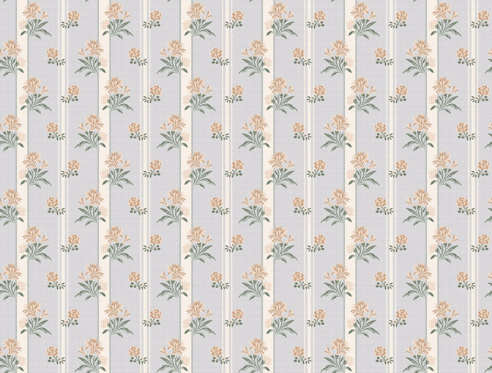 Muted bleuet-blue striped fabric with peach flowers and sage botanical sprigs
