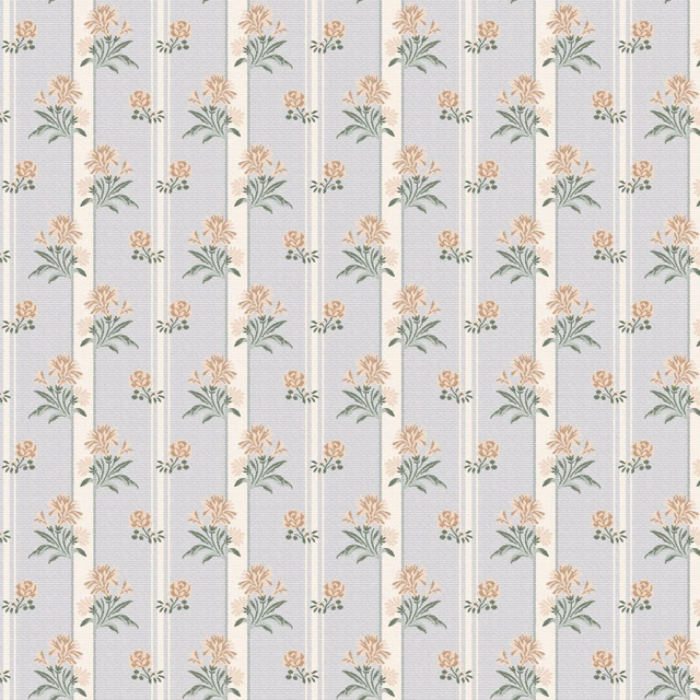 Muted bleuet-blue striped fabric with peach flowers and sage botanical sprigs