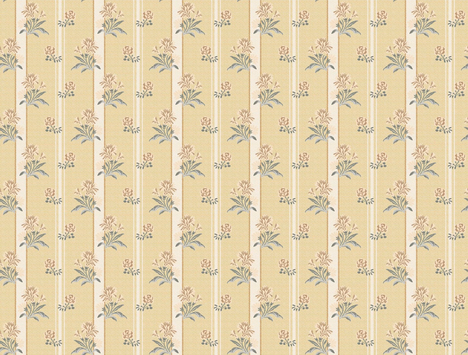 Warm straw and ivory vertical stripes with muted sage, blue-grey and blush floral sprigs