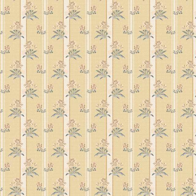 Warm straw and ivory vertical stripes with muted sage, blue-grey and blush floral sprigs