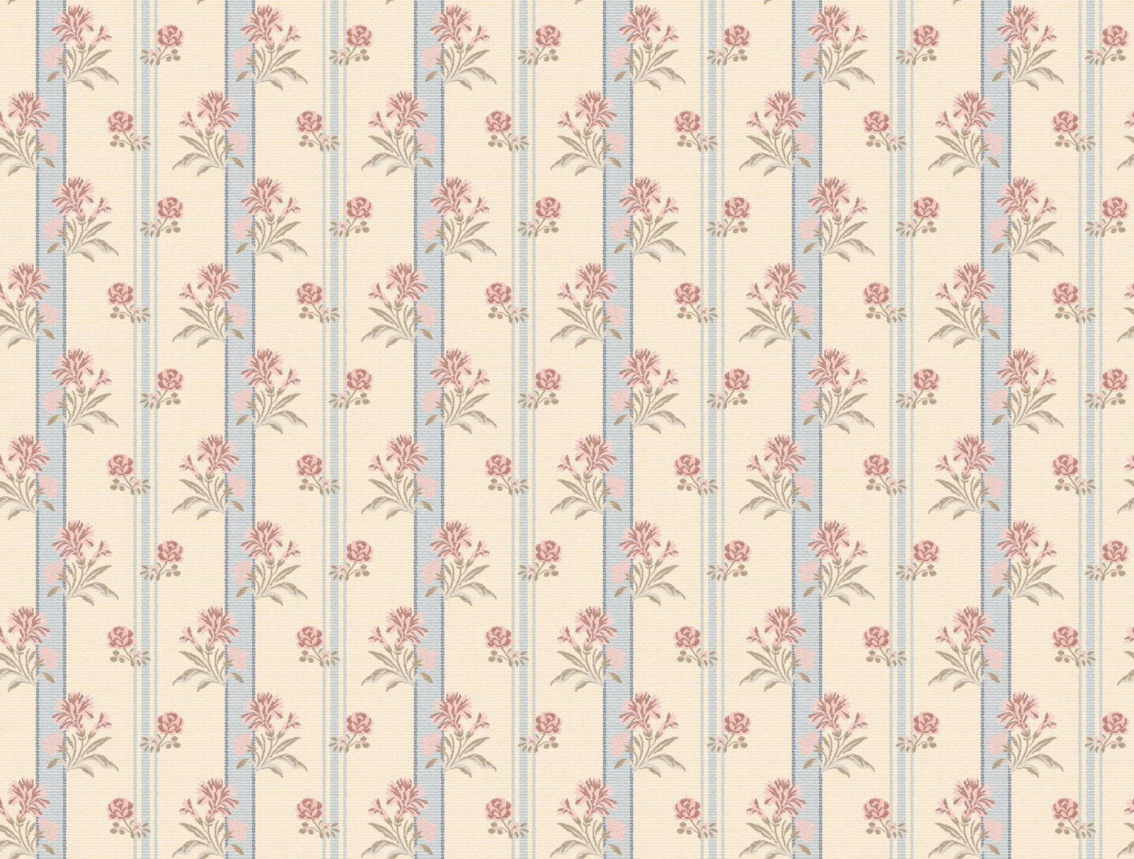 Porcelain cream striped fabric with pink sprigs and blue-grey floral accents