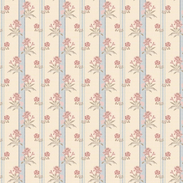 Porcelain cream striped fabric with pink sprigs and blue-grey floral accents