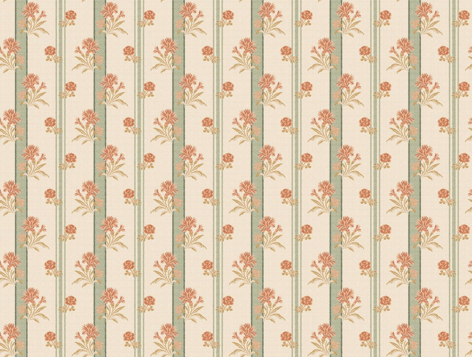 Cream and pale sage vertical stripes with coral floral sprigs and leaves