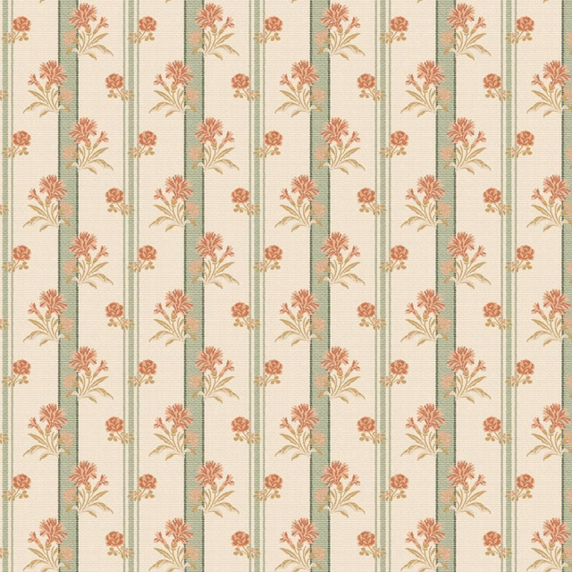 Cream and pale sage vertical stripes with coral floral sprigs and leaves
