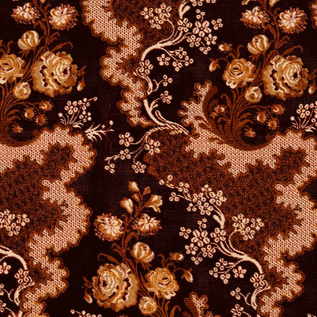 Deep garnet floral textile with antique-gold blooms and scalloped blush trails
