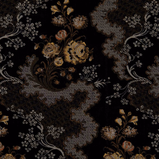 Black woven textile with scrolling vines, muted flowers and pale botanical details