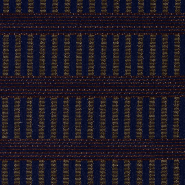 Ink-blue woven ground with olive-gold bars and rust-brown horizontal bands