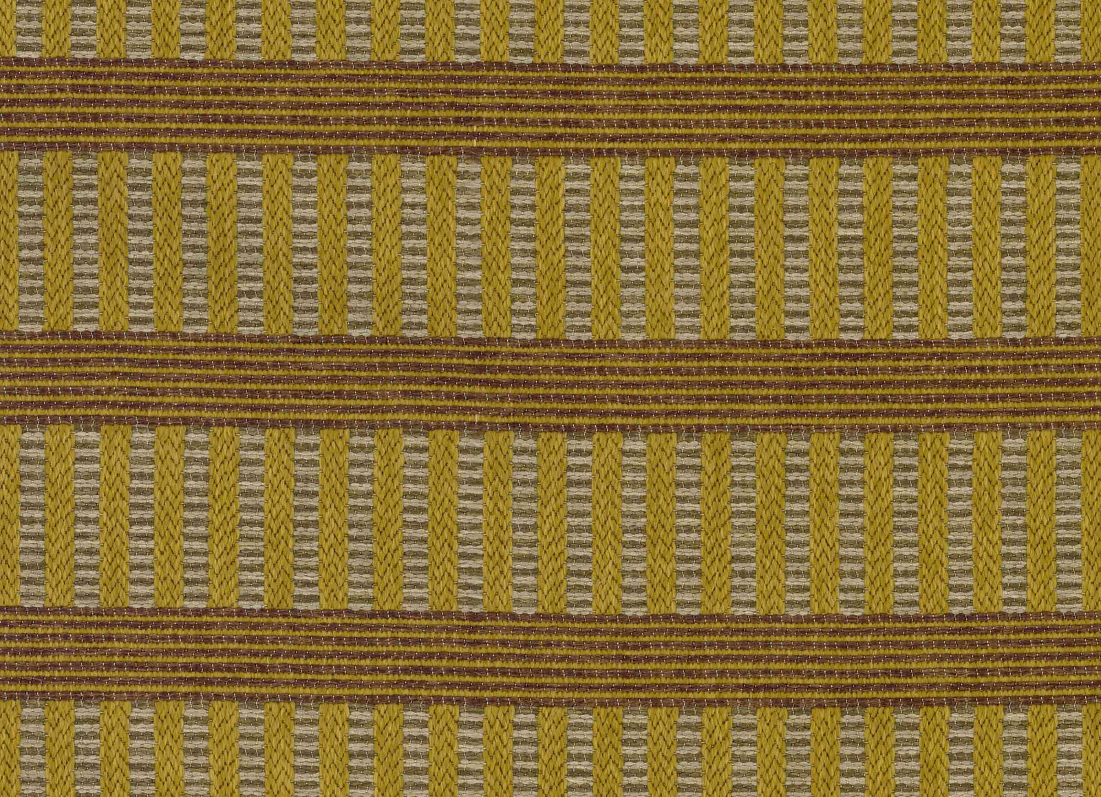 Muted ochre and olive woven stripes with taupe chevrons and horizontal bands