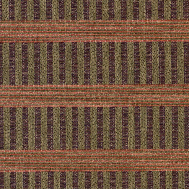 Olive and plum vertical stripes crossed by terracotta horizontal bands