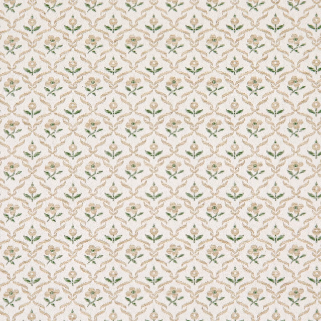 Ivory textile with repeating sage and taupe botanical lattice motifs
