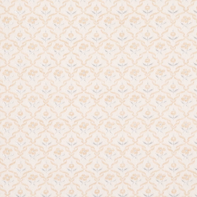 Pale nacre cream textile with blush, blue-grey and delicate repeating floral motifs