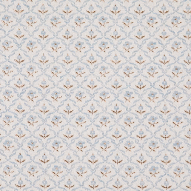 Pale blue-grey trellis textile with tiny taupe and blush sprigs