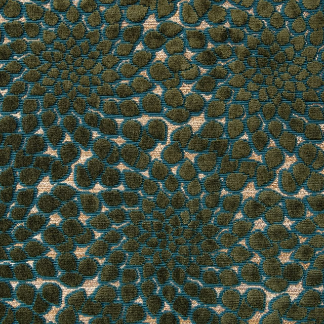 Teal and olive pebble-patterned woven fabric with cream irregular outlines