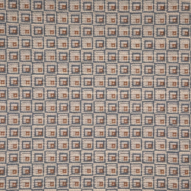 Cool blue-grey woven fabric with tiny outlined squares and rust accents