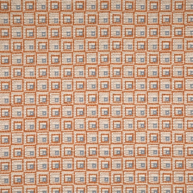 Warm terracotta woven swatch with tiny beige squares and blue-grey accents