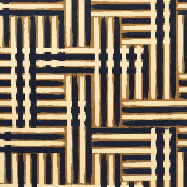 Warm camel and deep navy geometric stripe pattern with irregular rectangular blocks