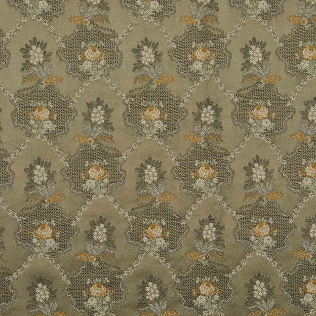 Muted kaki-olive woven fabric with repeated floral bouquets and softly contrasting outlines