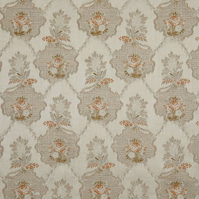 Pale beige woven floral lattice with grey-green foliage and rust flower accents
