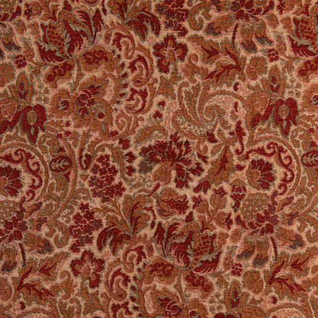Dusty rose-brown paisley floral textile with garnet-red scrolling motifs