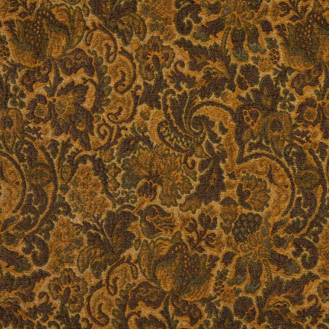 Warm bronze paisley and floral textile with dark brown outlines and textured weave