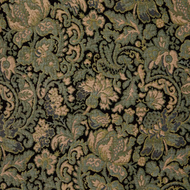 Dark jade fabric with dense sage, olive and blush scrolling floral motifs in a textured weave
